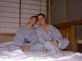 All dressed in our yukatas and ready for bed streached out on the floor
